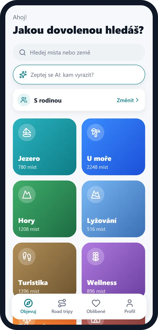 Domovská obrazovka Escapango s kategoriemi dovolené