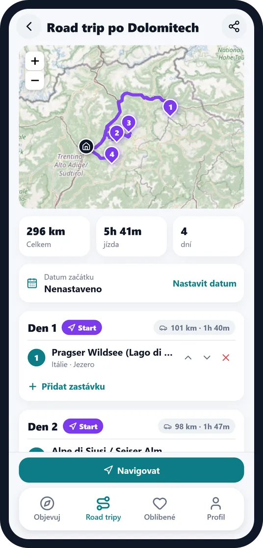 Road trip po Dolomitech v aplikaci Escapango s trasou na mapě