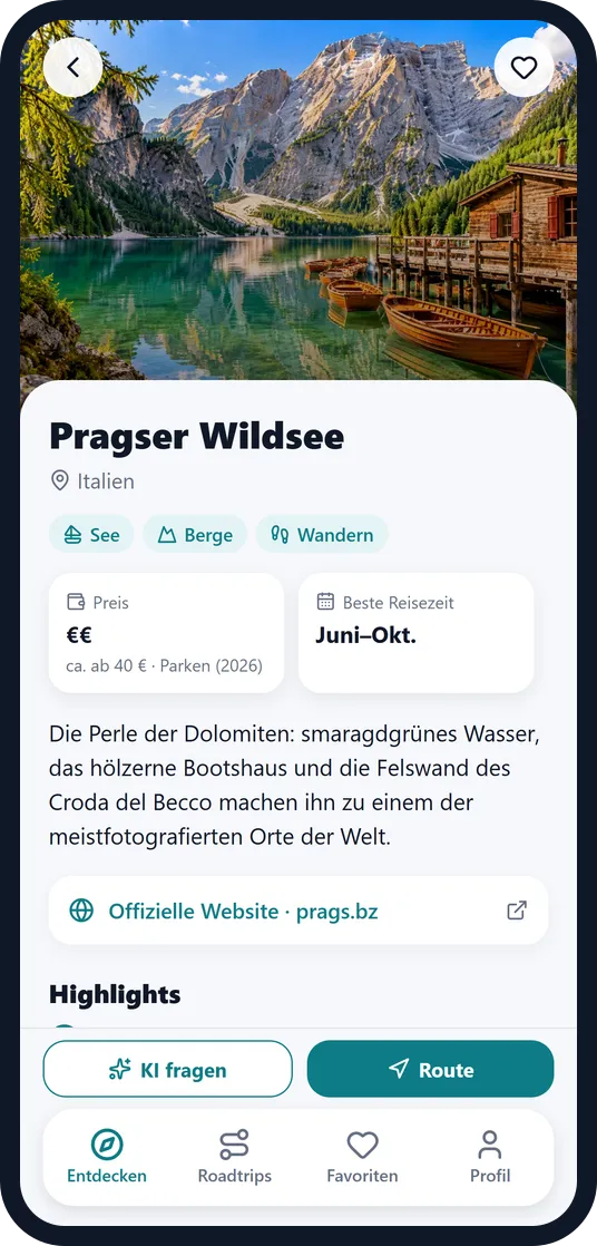 Ein Ort in der Escapango-App: Pragser Wildsee mit Foto, Preisen und bester Reisezeit