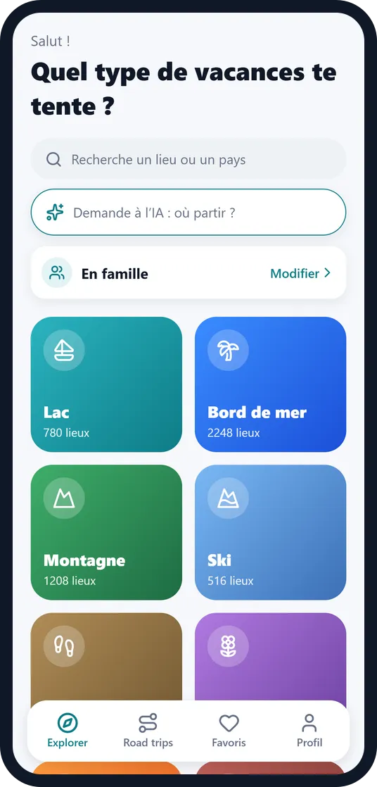 Écran d'accueil d'Escapango avec les catégories de vacances
