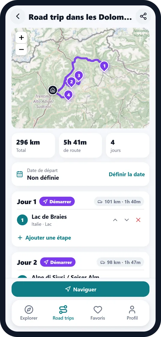 Un road trip dans les Dolomites dans l'application Escapango avec l'itinéraire sur la carte