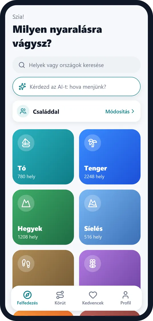 Az Escapango kezdőképernyője nyaralás-kategóriákkal
