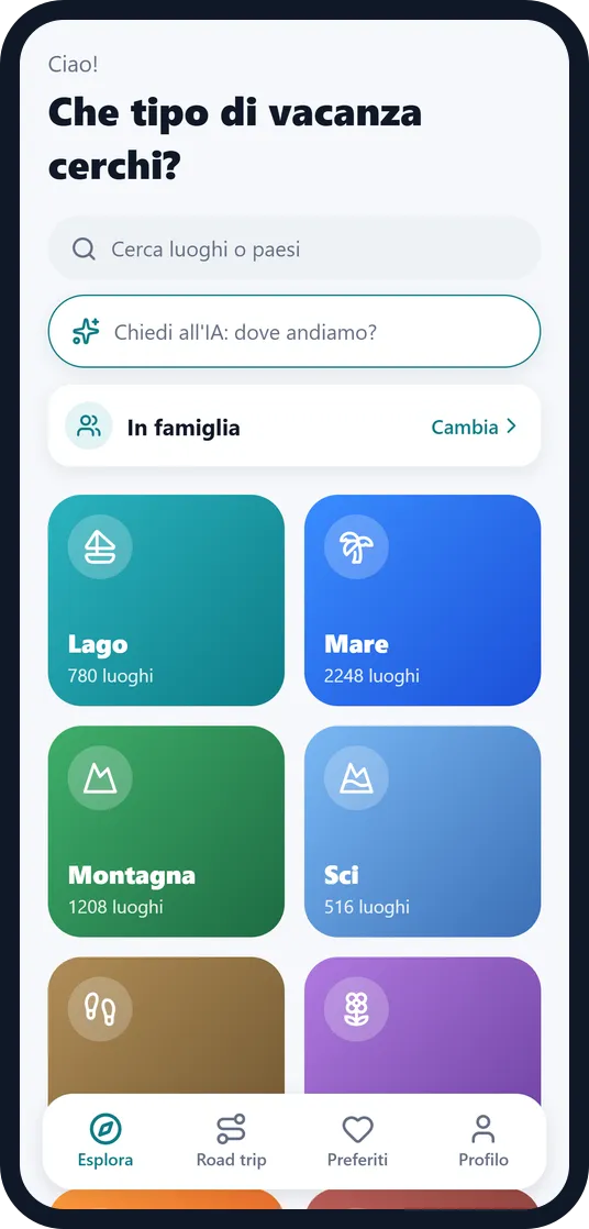 Schermata home di Escapango con le categorie di vacanze