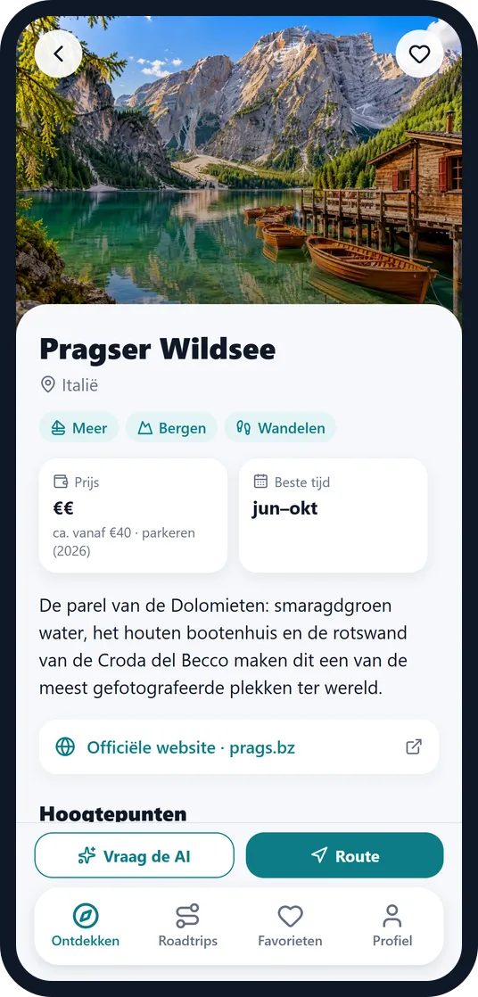 Een plek in de Escapango-app: de Pragser Wildsee met foto, prijzen en beste maanden