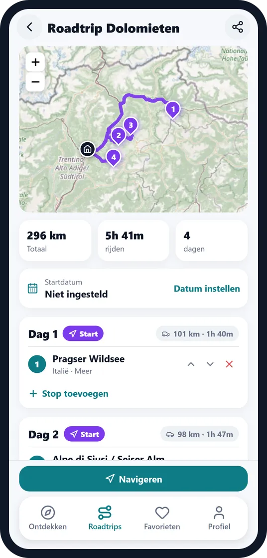 Een roadtrip door de Dolomieten in de Escapango-app met de route op de kaart