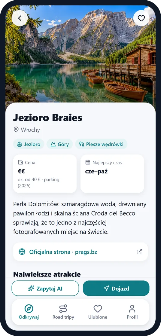 Miejsce w aplikacji Escapango: Lago di Braies ze zdjęciem, cenami i najlepszymi miesiącami