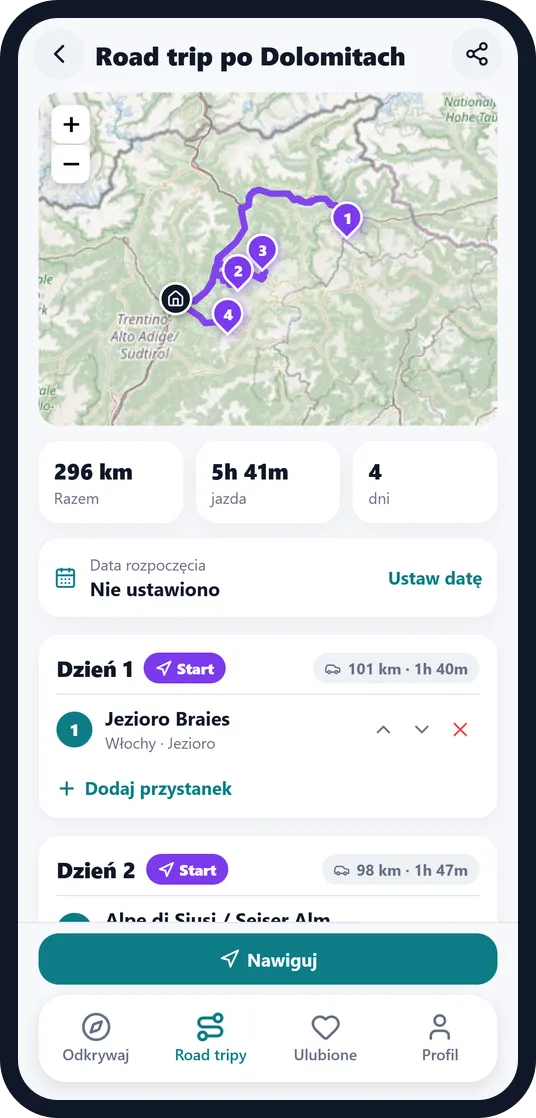 Podróż samochodem po Dolomitach w aplikacji Escapango z trasą na mapie