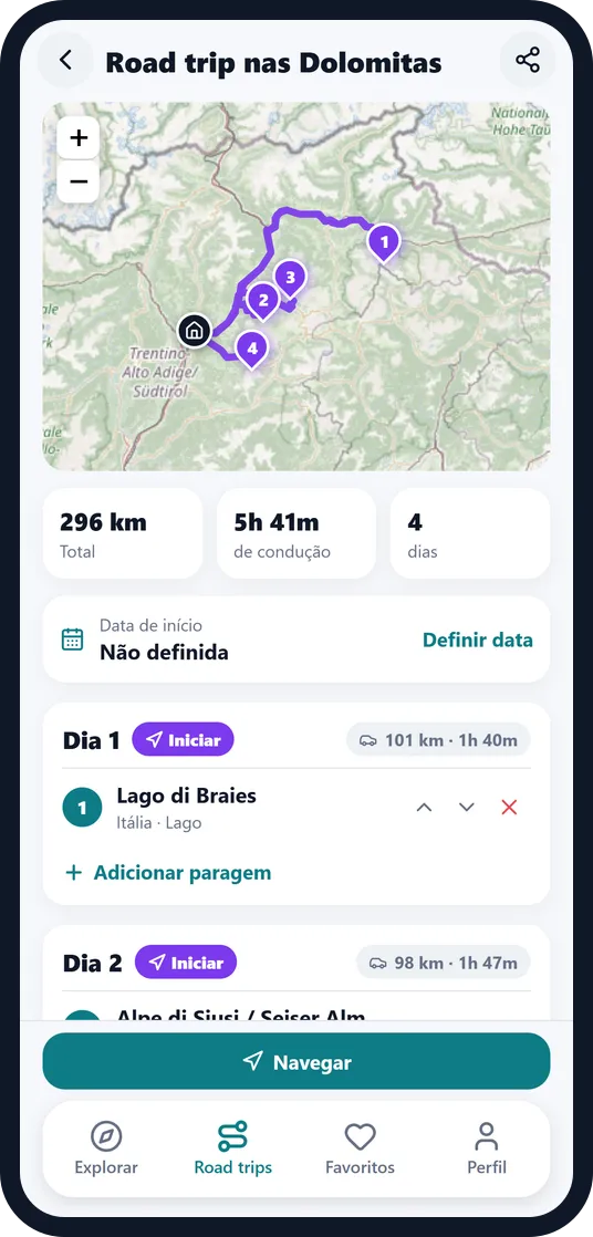 Uma viagem de carro pelas Dolomitas na app Escapango, com o percurso no mapa