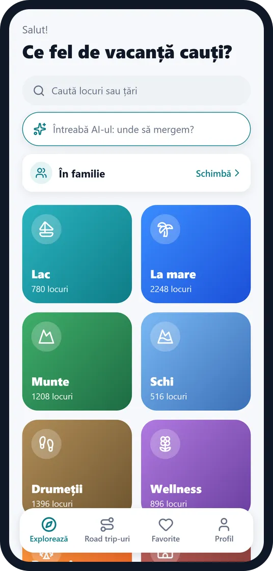 Ecranul principal Escapango cu categorii de vacanță