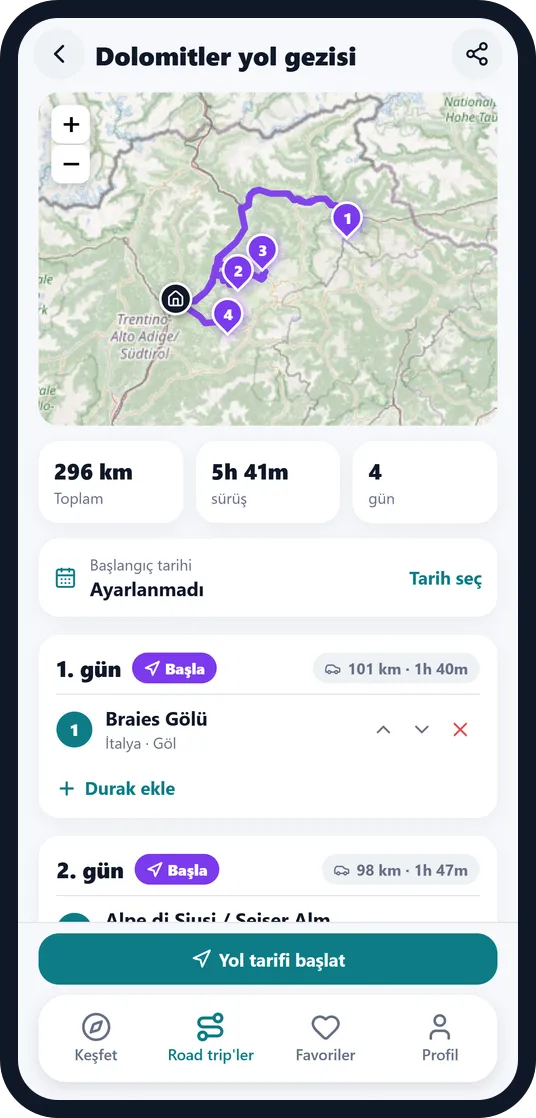 Escapango uygulamasında haritada rotasıyla bir Dolomitler araba yolculuğu